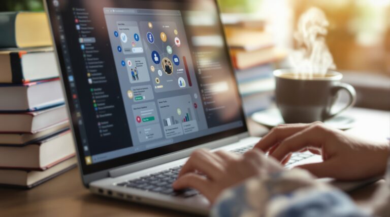 Hands typing on laptop showing social media interface with books and coffee cup in background for book promotion