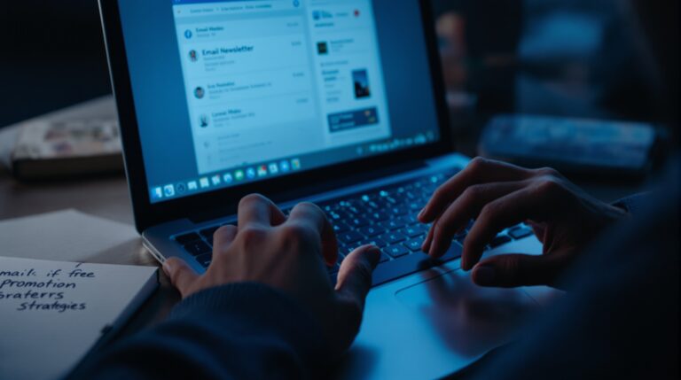Hands typing on laptop showing email newsletter dashboard, with book cover visible, illustrating free book promotion methods