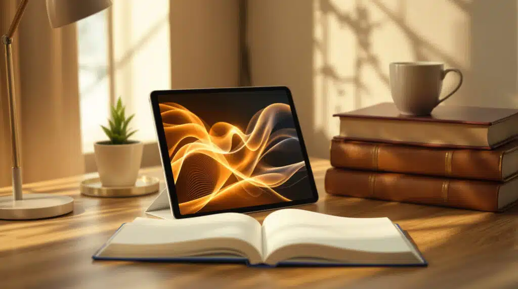 Open book beside glowing tablet on desk, symbolizing will ChatGPT recommend my book in AI search