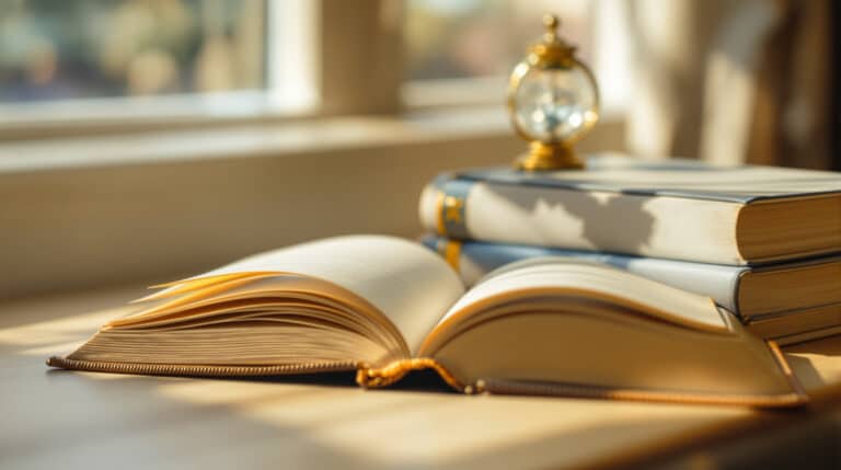 Open leather book with pendulum clock, symbolizing pace in choosing the best Amazon categories for a book