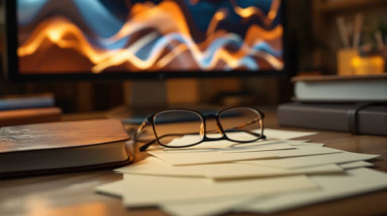 Blank index cards and glasses on a desk, symbolizing deep research into Amazon Ads keywords for books