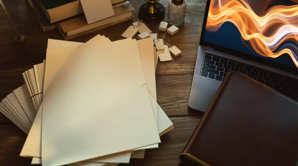 Desk cluttered with blank envelopes and papers, a laptop showing orange flames on the screen, and a brown notebook.