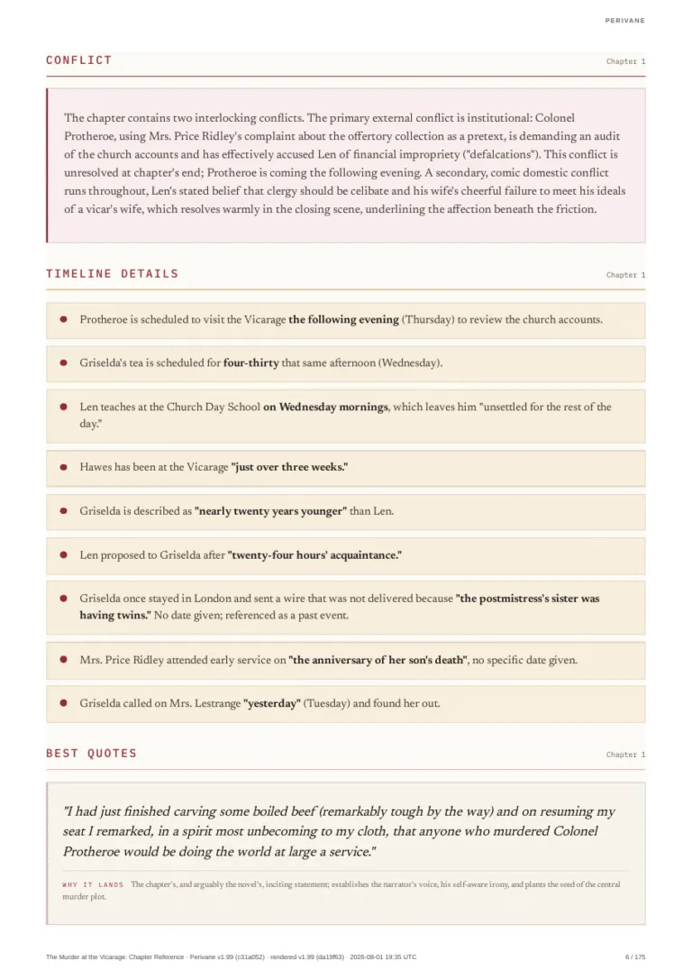 A page from a Perivane Chapter Reference: conflict summary, timeline details and best quotes for chapter one of The Murder at the Vicarage