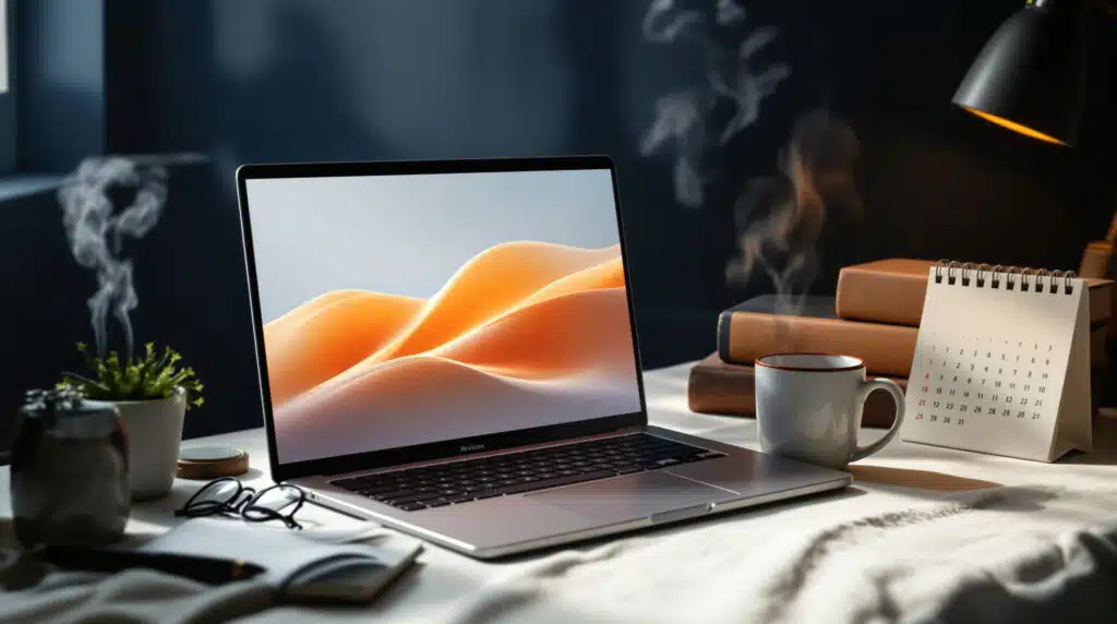 Laptop open on a desk displaying an abstract orange wave wallpaper, with a calendar, coffee mug, and stacked books nearby; steam rises from the mug as a desk lamp shines in background.