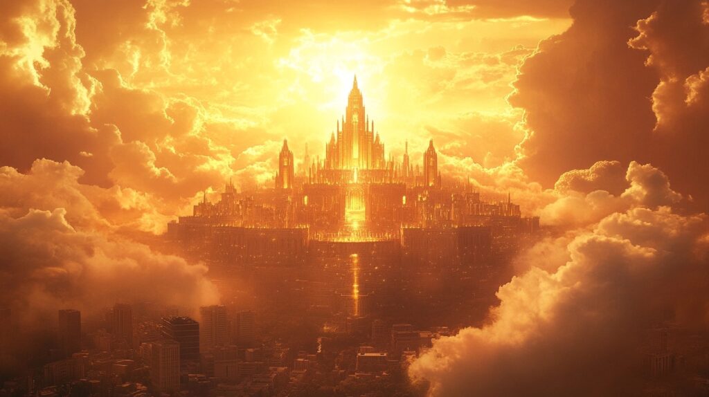 a majestic and hopeful digital artwork depicting the New Jerusalem descending from heaven