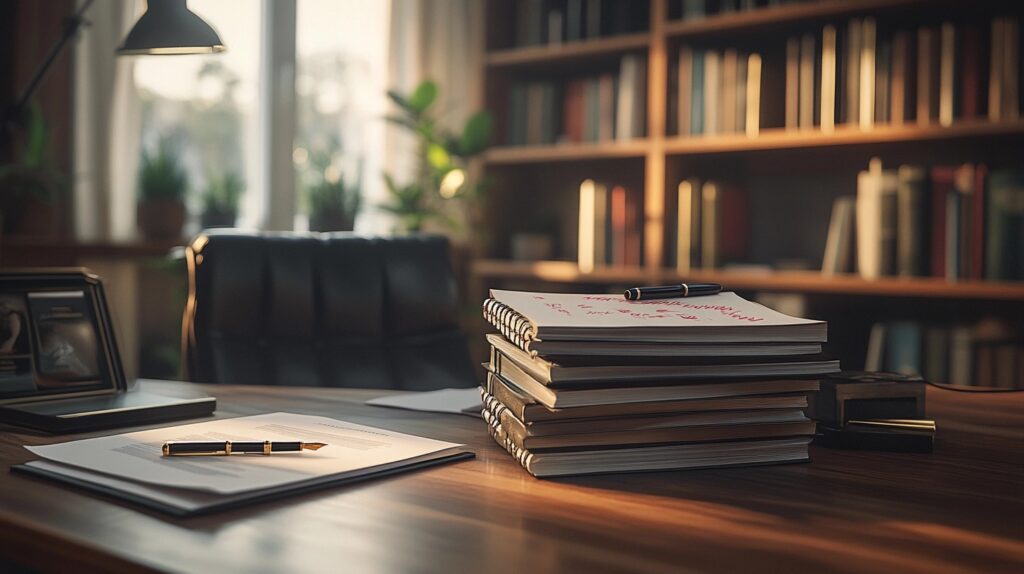 Professional manuscript editing workspace with marked documents, editing pen, and organized desk setup in warm office environment