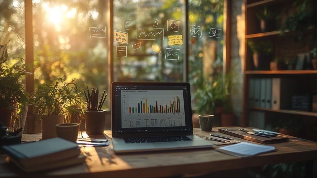 Professional home office setup displaying indie author marketing materials, including laptop with analytics, book marketing materials, and social media elements, illustrating modern book marketing strategies for independent authors