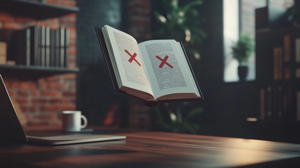 Professional hardcover book floating in workspace with red error symbols, illustrating common self-publishing mistakes and solutions for authors in 2024