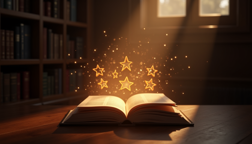 Strategic book marketing visualization showing glowing book surrounded by star ratings and review text in elegant library setting, representing the power of social proof in publishing success