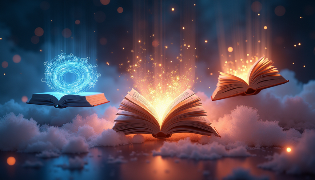 Three glowing books floating in an ethereal, abstract environment. Each book is surrounded by a unique aura: one with blue and silver sci-fi energy, another with intricate golden patterns and light beams, and the third with warm earthy tones and a sunrise effect. The backdrop features swirling stars, soft gradients, and glowing orbs, creating a vibrant and inspirational atmosphere.