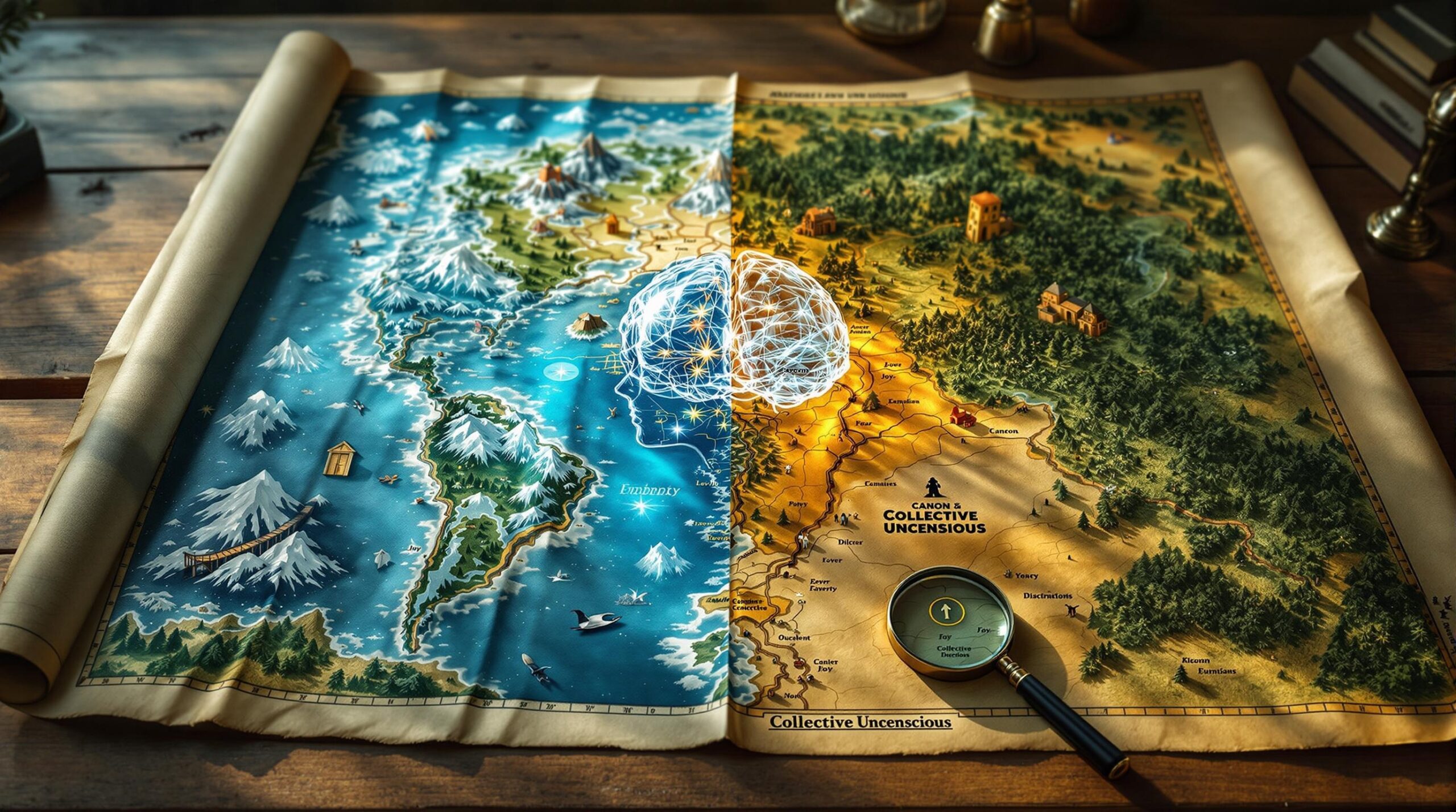 A detailed map blending traditional cartography with psychological worldbuilding, showing a crystal mind at the center connecting geographic features to emotional landscapes like anxiety and joy, with symbolic objects at thresholds and a magnifying glass hovering over the 