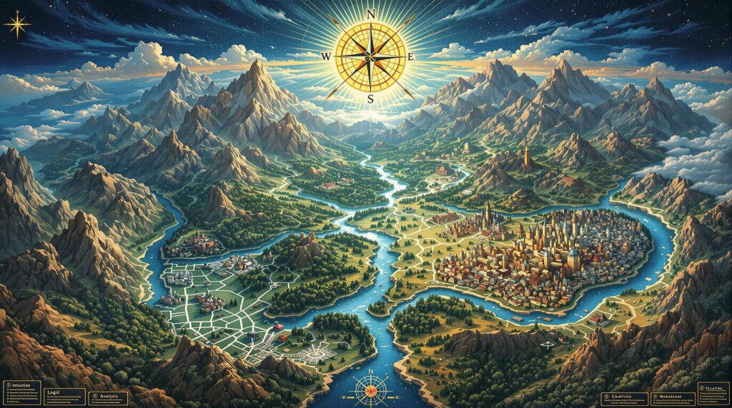 A detailed cartographic representation of the human mind as a terrain, featuring memory mountains, thought rivers, and cognition cities connected by neural pathways—an immersive example of psychological worldbuilding that transitions from ordered rational regions to wild unconscious territories, complete with a compass rose pointing to Intuition, Logic, Creativity, and Analysis.