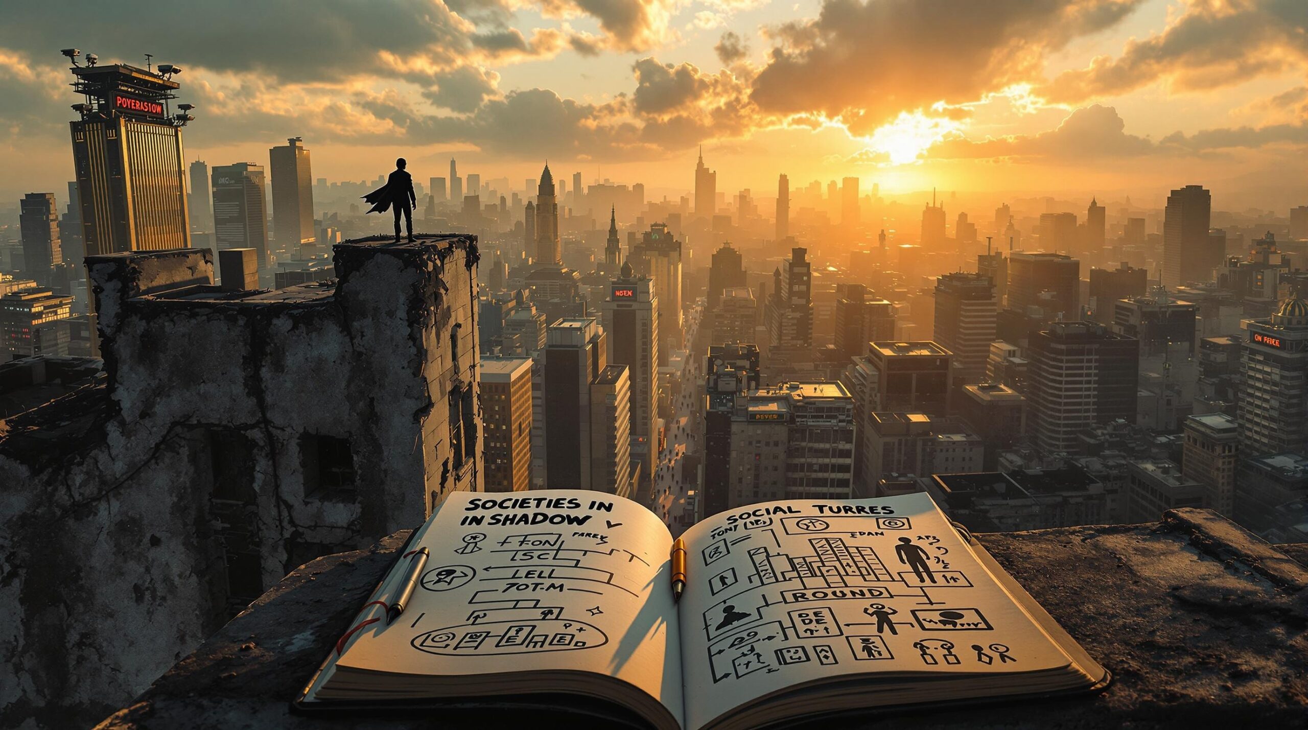 A person observes a divided dystopian cityscape from a rooftop, with surveillance-laden luxury towers contrasting against crumbling buildings showing resistance symbols, while citizens move below and a notebook titled 