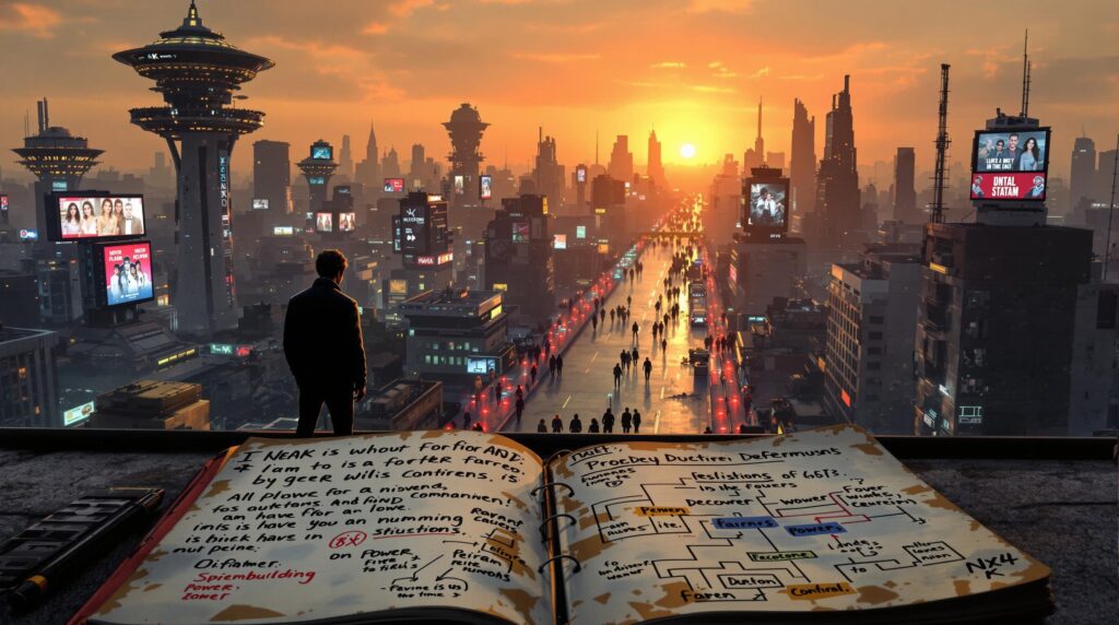 A lone figure observes a sunset-lit dystopian city from a rooftop, where gleaming surveillance towers overlook wealthy districts while impoverished zones show crumbling infrastructure with resistance graffiti. Below, color-coded citizens navigate checkpoints between social zones. A weathered notebook in the foreground contains dystopian worldbuilding notes and power structure diagrams, illustrating how this divided society evolved from our own.