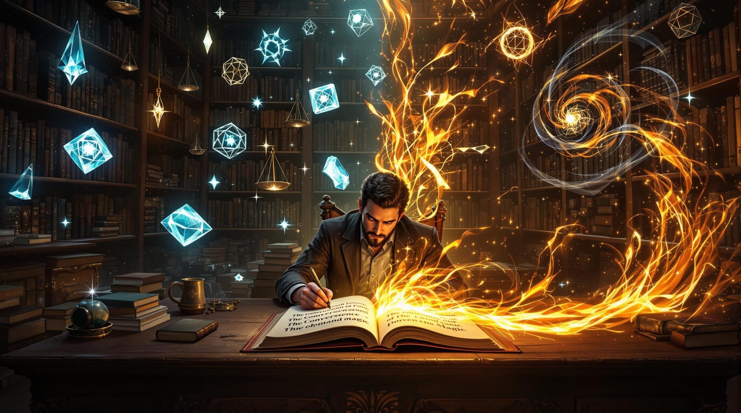 Fantasy author at an ancient desk in a magical library where ordered magic (geometric patterns, balanced scales) contrasts with chaotic energy, symbolizing the fundamental tensions in magic system creation. A glowing book titled 