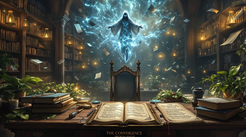 Fantasy author crafting a magic system creation at an ancient desk surrounded by floating books, with ordered geometric patterns and chaotic energy swirls. A grimoire displays magical rules while elemental effects materialize nearby, symbolizing cause and effect in structured and wild magic forms.