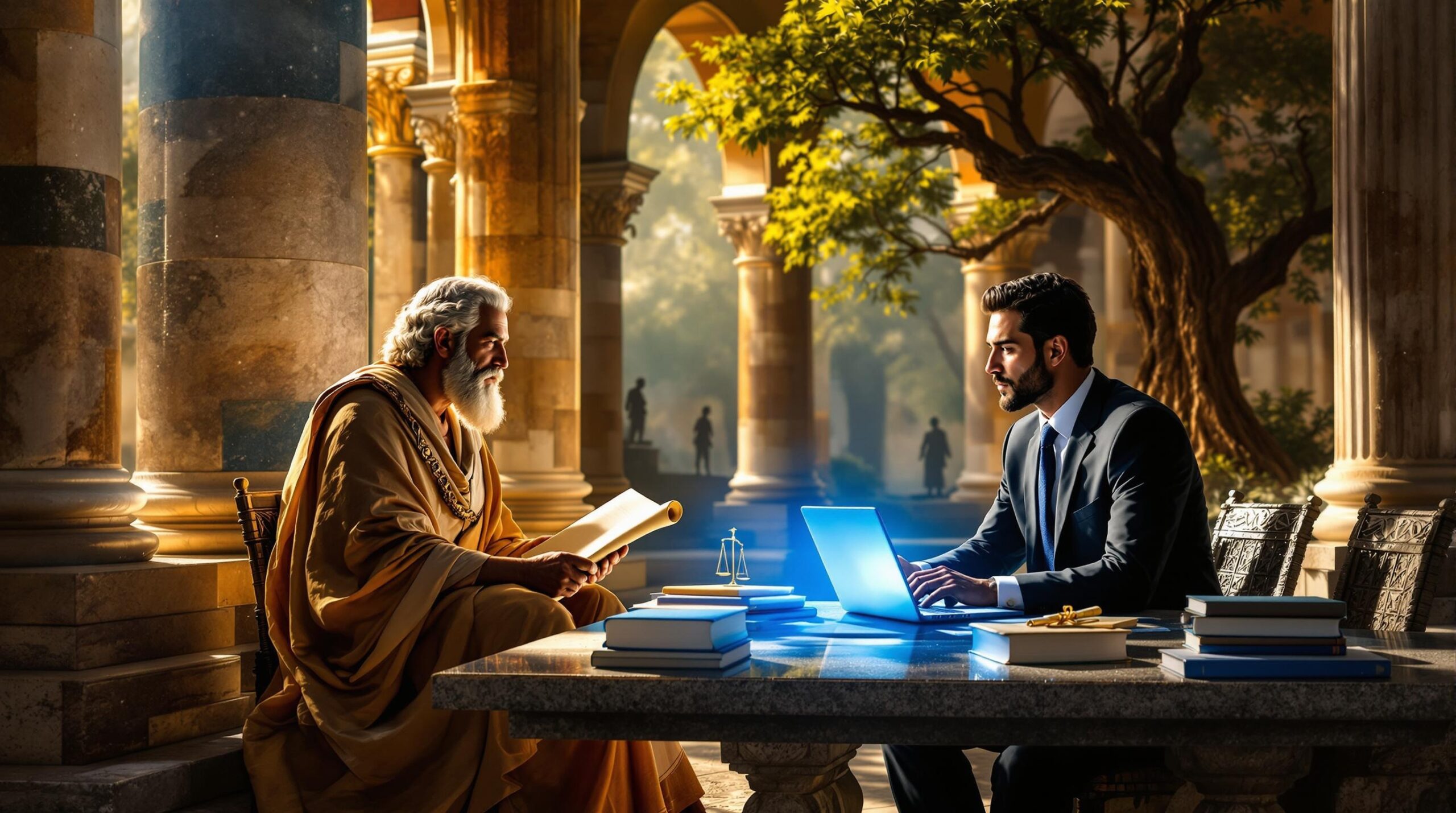 Ancient philosopher with scroll dialogues with modern executive using laptop, surrounded by classical and contemporary wisdom texts, symbolizing timeless leadership principles at the intersection of past and present.