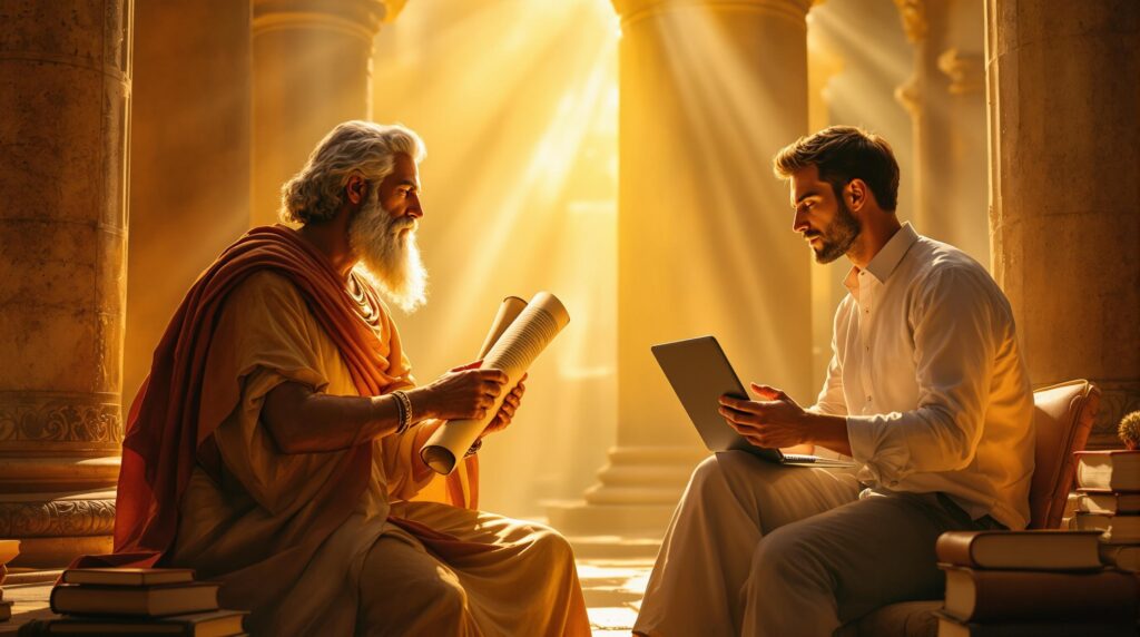 Ancient philosopher holding a scroll engages with a modern business executive using a laptop, surrounded by both classical texts and contemporary books. Golden light filters through classical columns, creating symbolic shadows that connect these figures across time, visually representing timeless leadership principles at the intersection of ancient wisdom and modern practice.