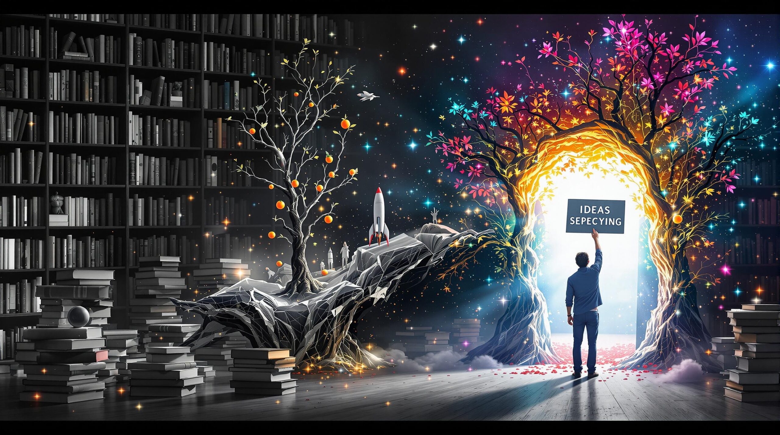 A person touches books on a surreal bookshelf where novels transform into vivid real-world objects—rockets emerging from sci-fi, glowing branches from fantasy, and protest signs from dystopian stories—symbolizing fiction inspiring change as the scene transitions from monochrome to colorful reality.
