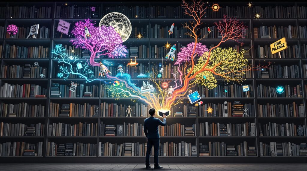A surreal bookshelf where fiction inspiring change comes to life, with books transforming into vivid real-world objects as a person watches in amazement while colorful reality emerges from black and white pages.