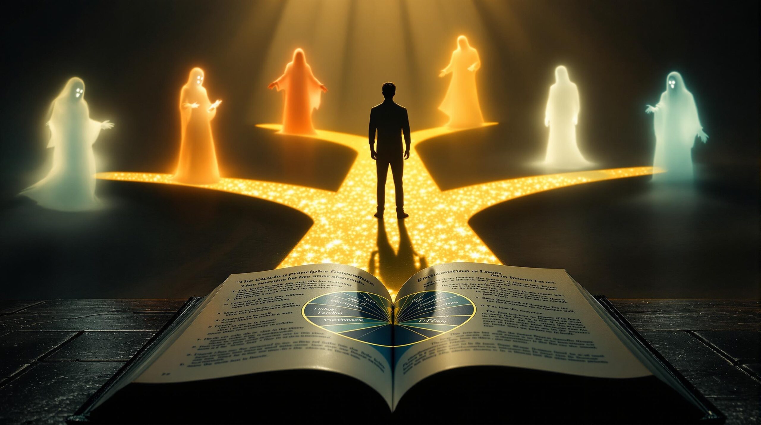Silhouette figure at a symbolic crossroads confronts five paths while surrounded by literary characters offering guidance, with an ethical decision framework represented by a book transforming into a decision wheel, illuminated by dramatic beams of light.