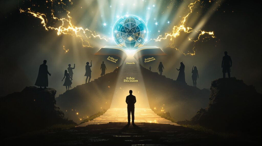 Silhouette figure standing at a crossroads with five diverging paths, surrounded by literary mentors while an ethical decision framework appears as a book transforming into an illuminated decision wheel.