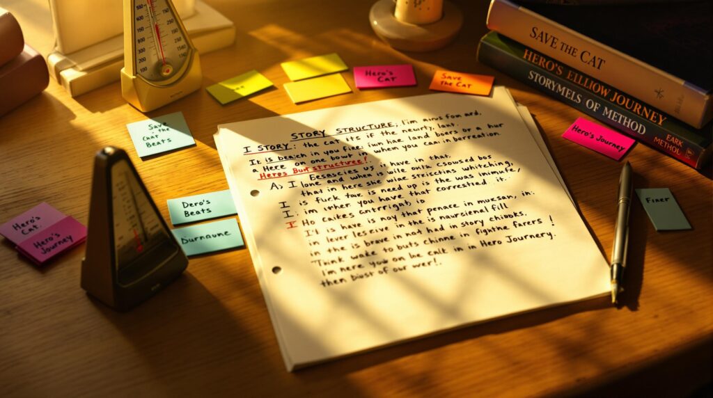 Writer's desk showing organized story beat structure with manuscript, highlighted markers, and colorful index cards arranged in arc pattern, alongside storytelling method books and a metronome in warm golden light.