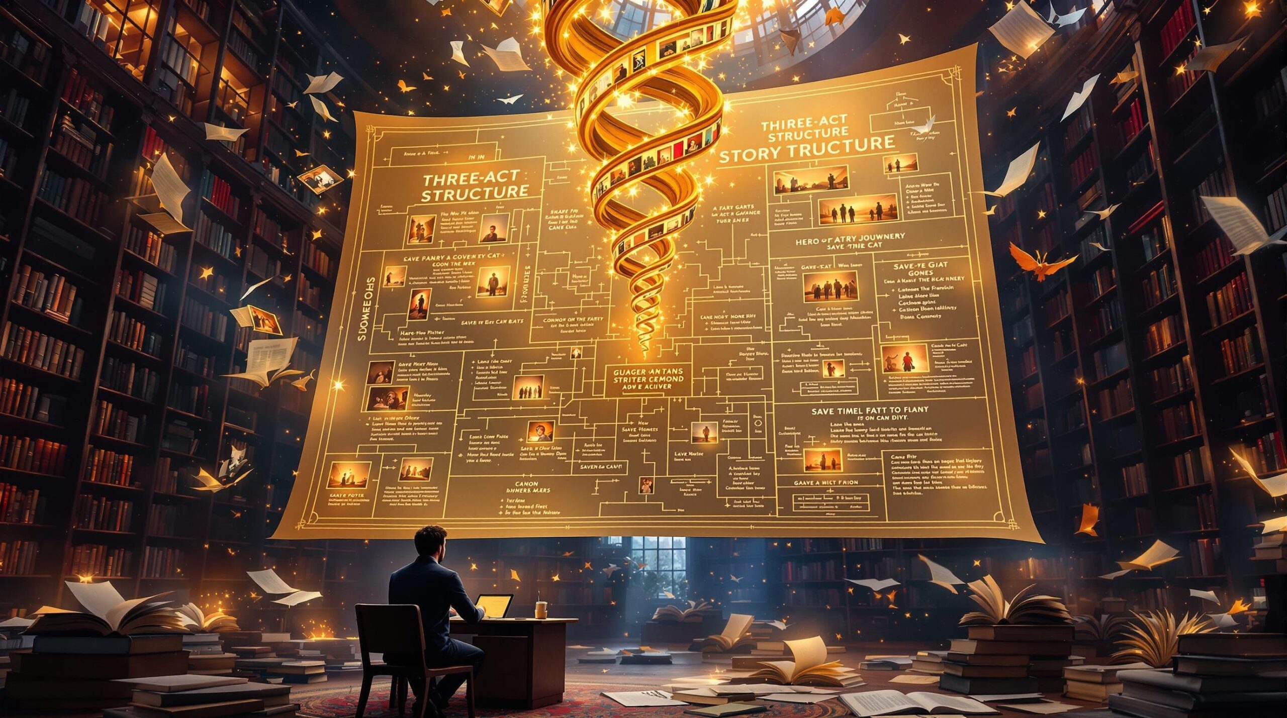 Architectural blueprint displaying story structure examples like Three-Act Structure, Hero's Journey, and Save the Cat beats, with scenes from popular novels arranged in a DNA helix inside a dreamlike library where a storyteller examines the craft of narrative creation. 