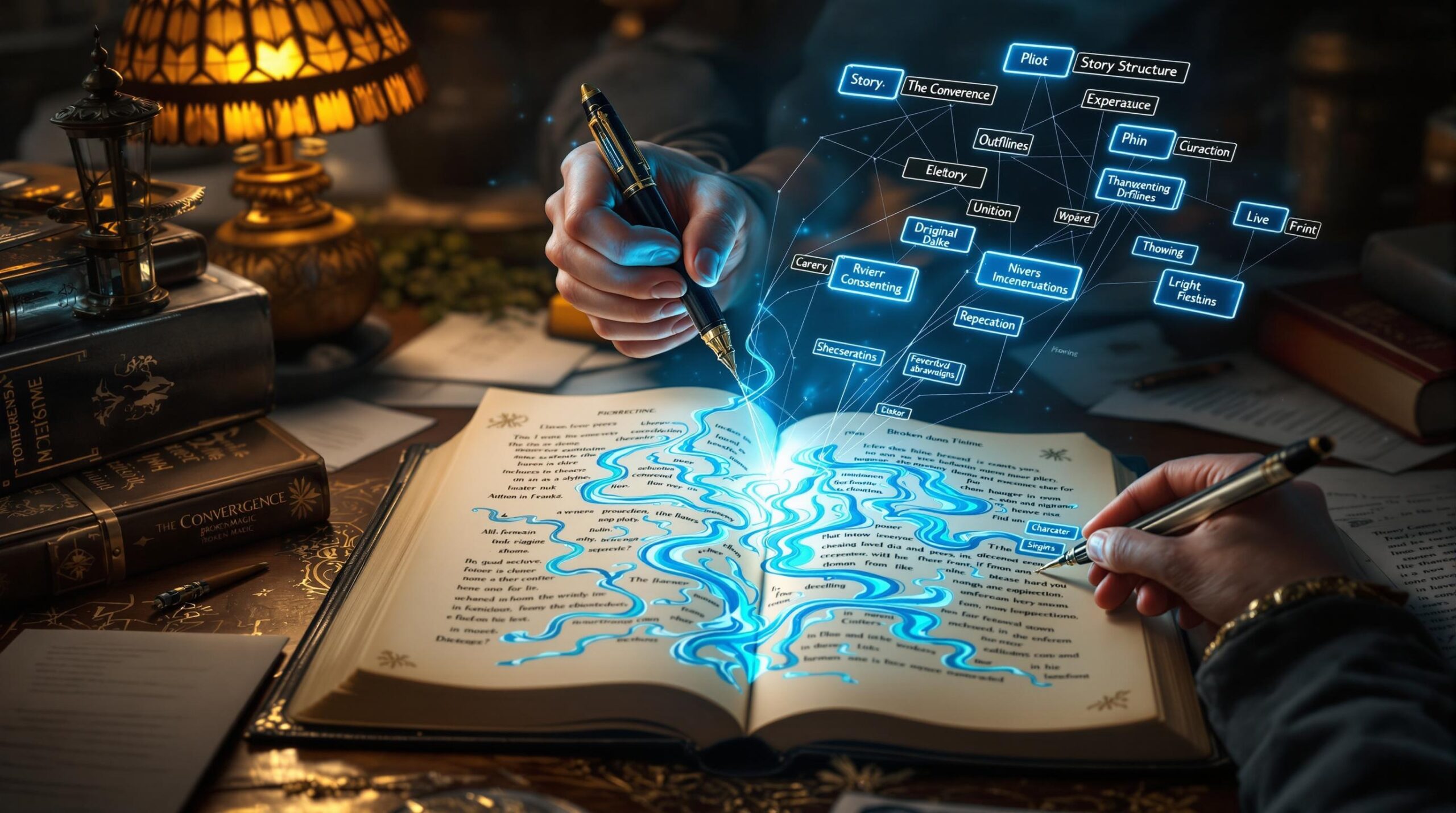 A writer's hand with a fountain pen works on a manuscript at an ornate desk, where plot and subplot development is visualized through intertwining colored ink storylines and a floating 3D diagram with branching narrative threads, surrounded by character notes and bathed in warm golden lamplight. 
