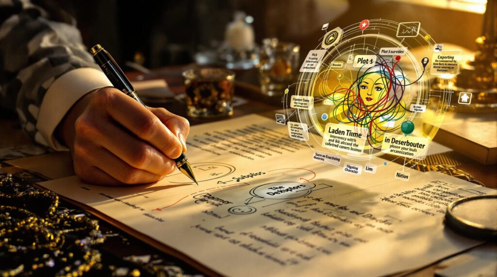 A writer's hand crafting plot and subplot development using a fountain pen on manuscript, with intertwining colored ink visualizing storylines and a 3D diagram showing narrative branches, surrounded by character notes under warm lamplight.