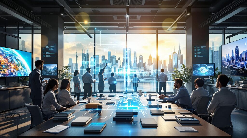 Diverse professionals collaborate around a holographic organizational blueprint in a sunlit futuristic office space, surrounded by books on ethics and screens displaying contrasting utopian and dystopian scenarios, illustrating the complexities of ethical culture building.