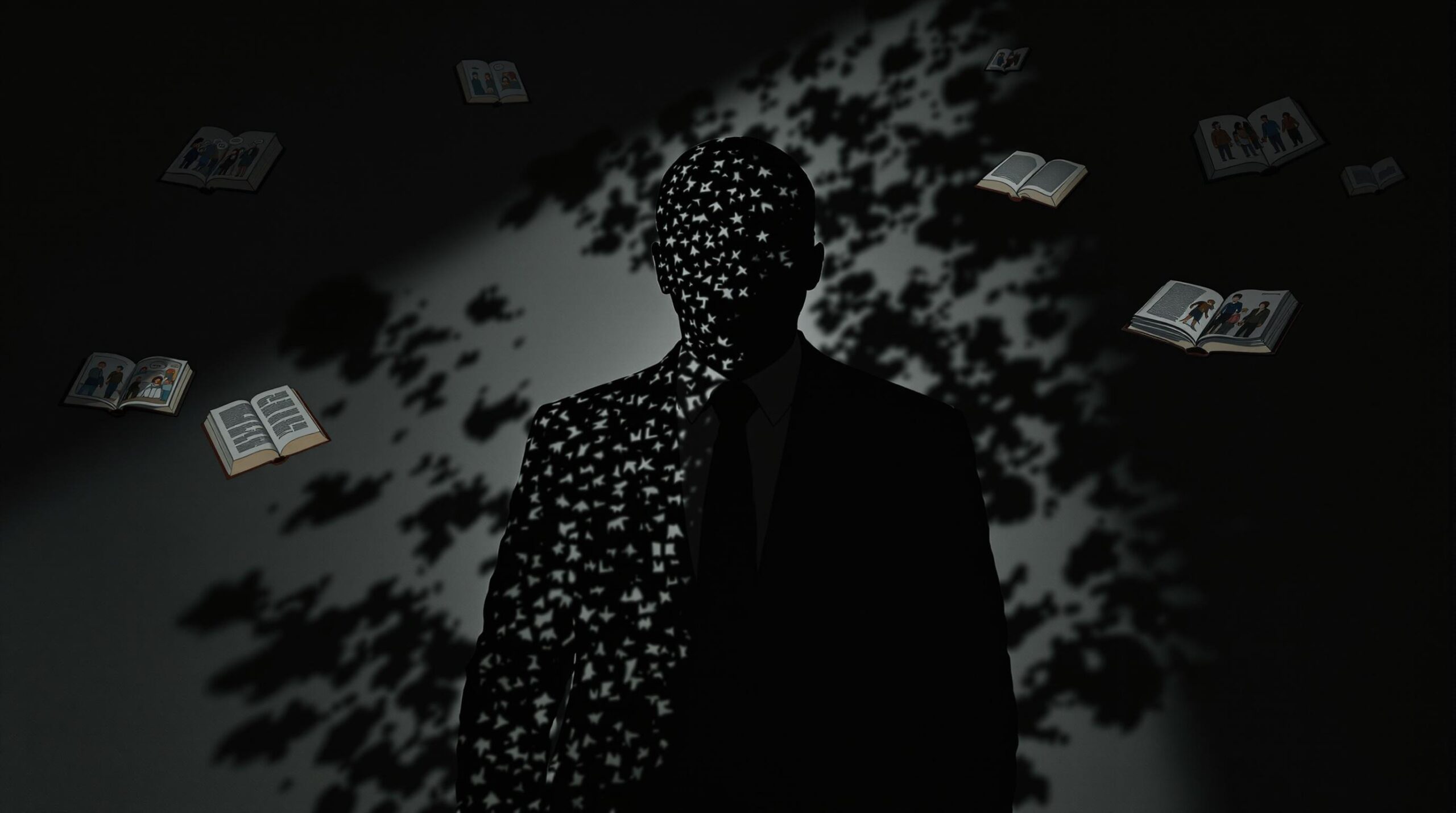 Professional figure at a crossroads between light and shadow, with thought bubbles displaying leadership moments