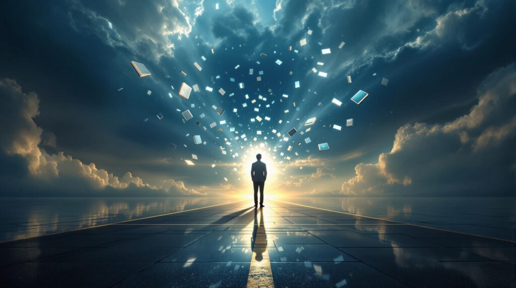 A leader at a symbolic crossroads where light meets shadow, with books and reflections representing moral complexity in leadership. Their intricate shadow reveals deeper aspects of self while thought bubbles display pivotal decision moments.