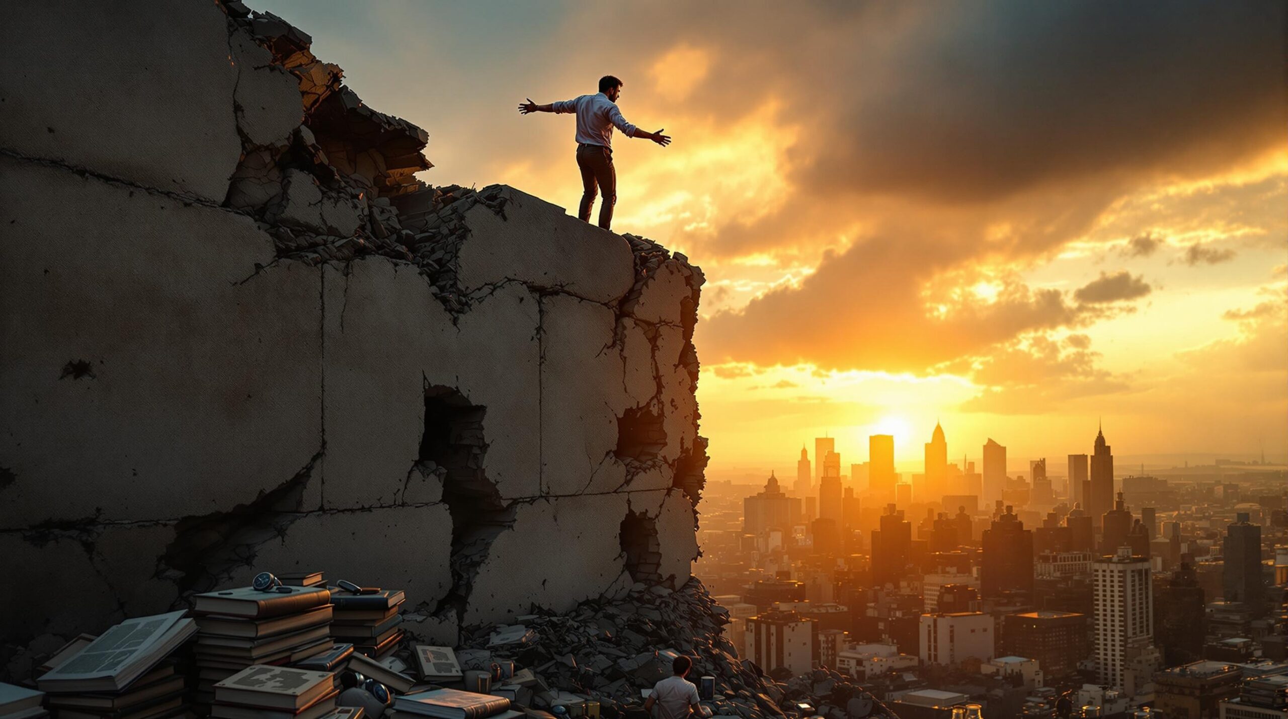 A silhouetted figure in professional attire stands on a broken wall at sunset, leading through change by extending a hand to help diverse groups below climb up. A cityscape showing both ruin and renewal stretches behind them, while light breaks through storm clouds symbolizing hope amid disruption. 