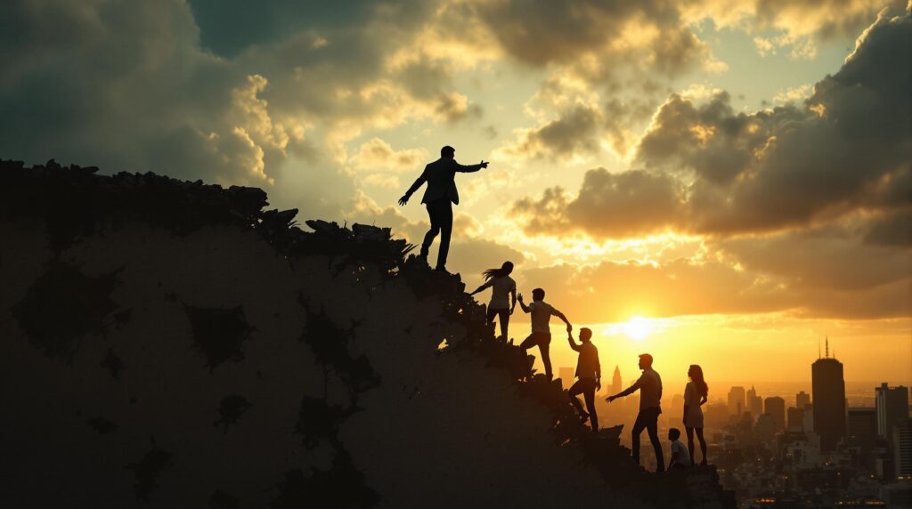 Silhouetted professional figure standing on a broken wall at sunset, leading through change by helping diverse people climb up, with a background of a transforming cityscape and hopeful light breaking through storm clouds.