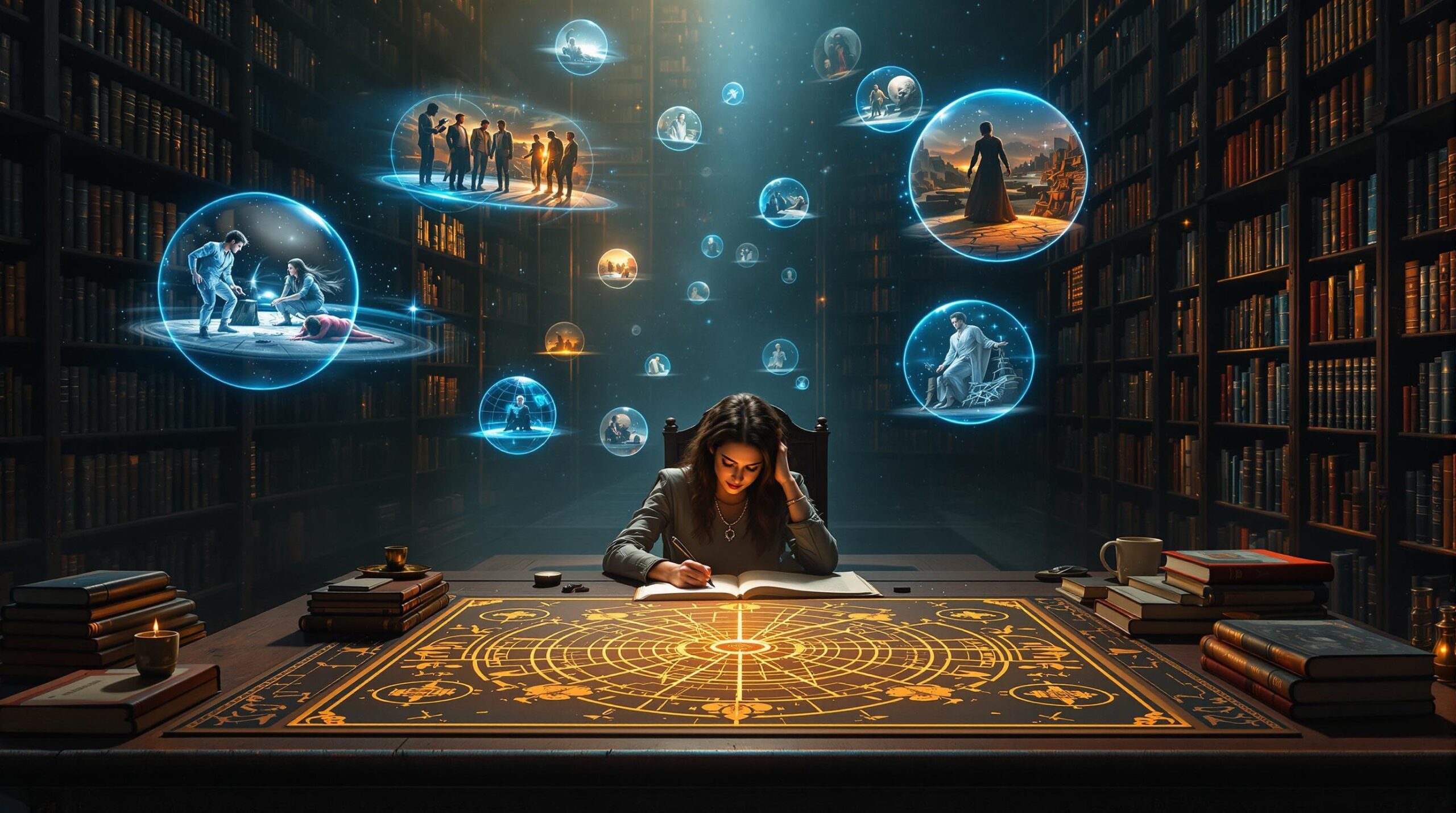 A philosopher writes in an ancient tome while surrounded by holographic moral dilemmas in fiction, seated at an ornate desk in a vast library where light and shadow divide the space, illuminating countless books and ethical scenarios.