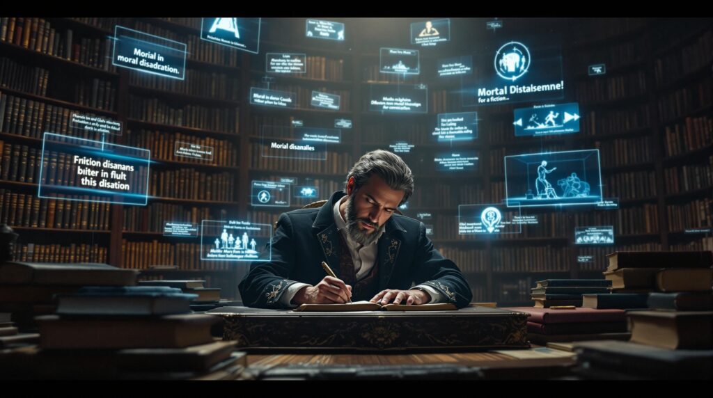 Philosopher writing in ancient tome at ornate desk in vast library, surrounded by holographic representations of moral dilemmas in fiction, with dramatic lighting creating contrast between illuminated books and ethical scenarios.