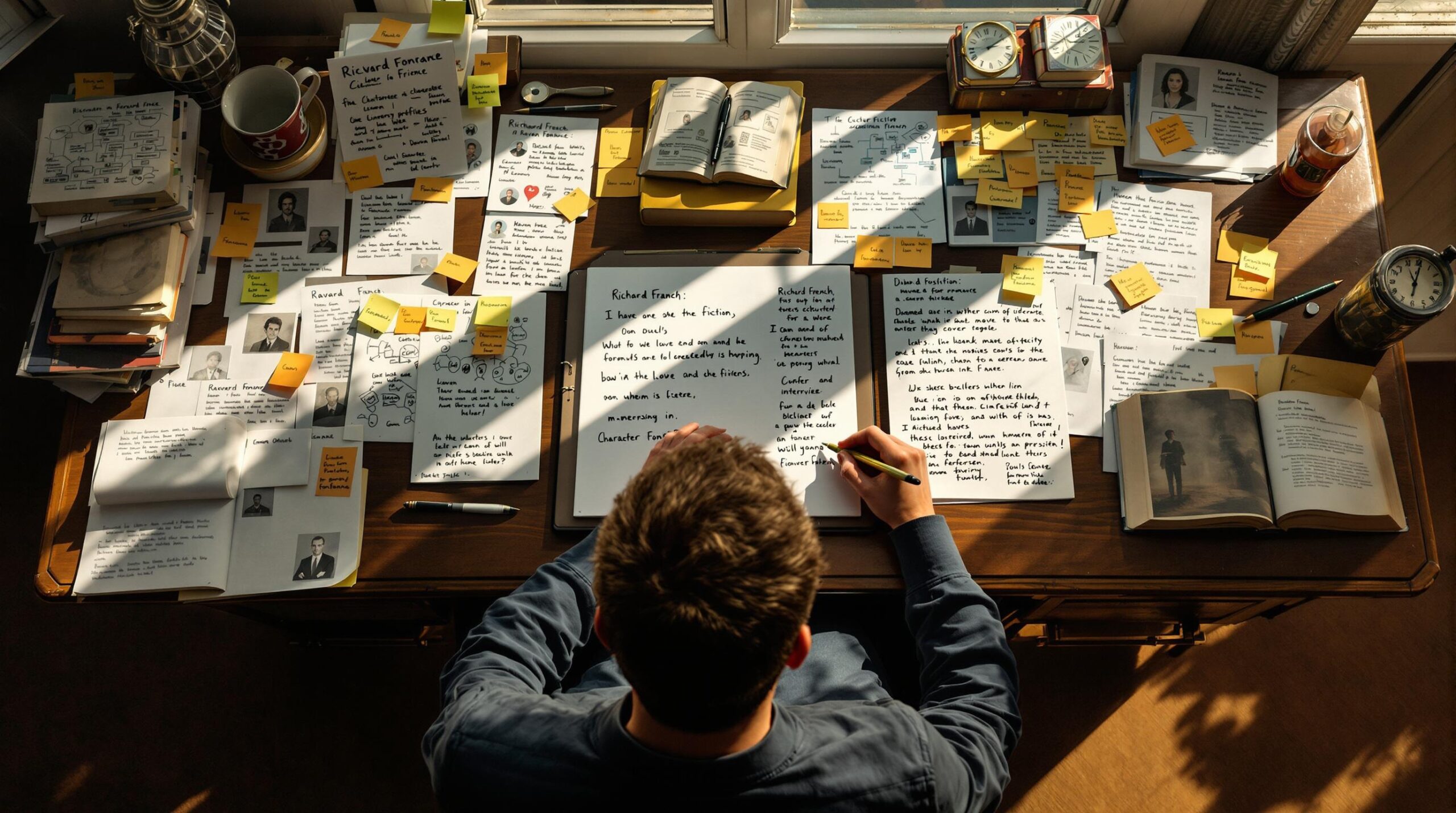A writer works at a split desk showing their dual writing personas - organized literary fiction (Richard French) and chaotic thriller (Raven Fontaine) - surrounded by character development techniques including relationship webs, profile sheets, and interview notes in warm afternoon light.