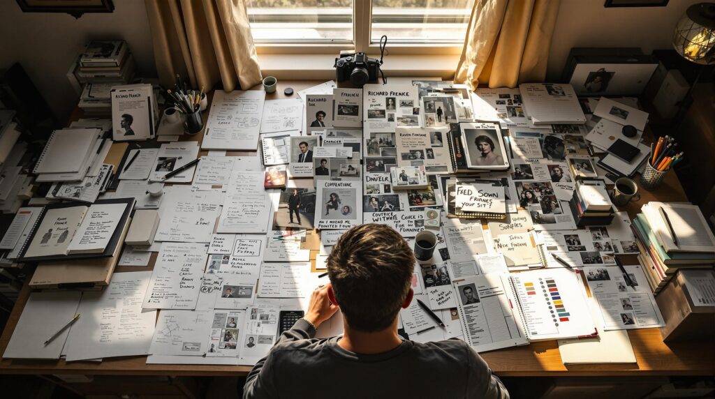 Writer at dual workspace showing character development techniques - organized literary profiles on one side contrasted with chaotic thriller sketches on the other, surrounded by interview questions and evolution timelines in warm afternoon light.