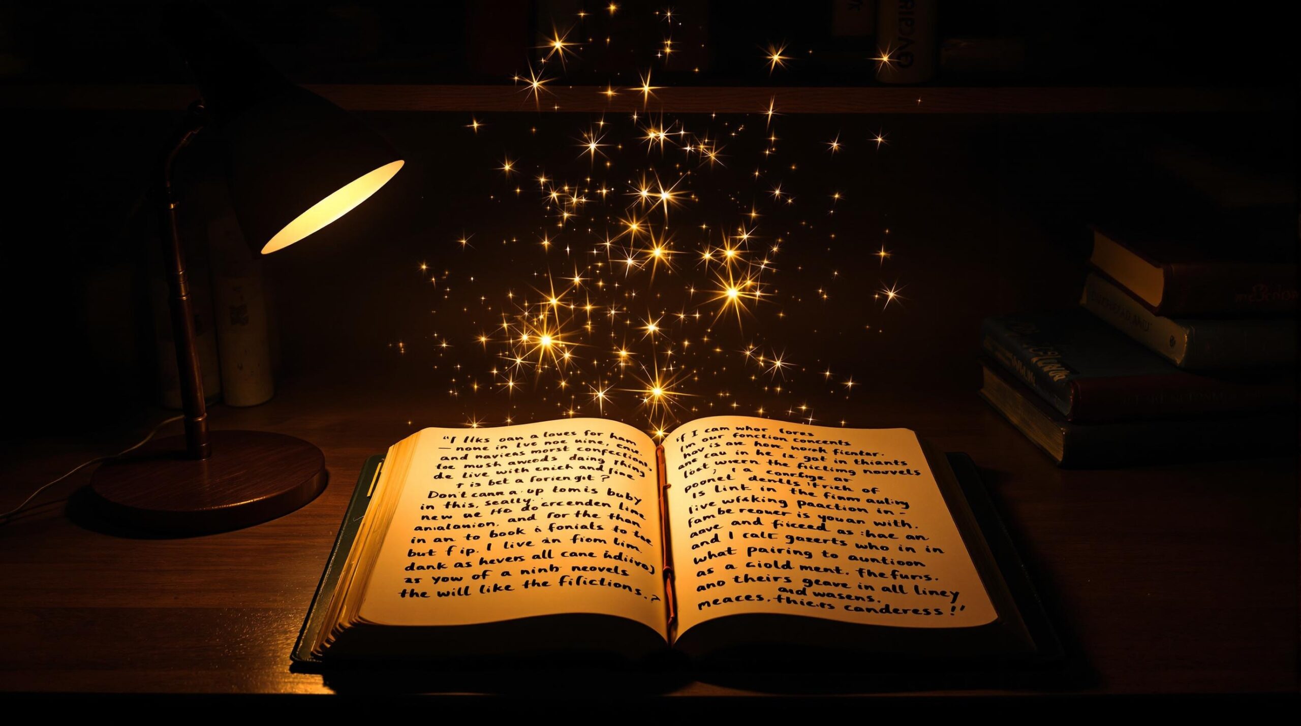 A writer's desk in darkness with a single lamp illuminating an open notebook where sparks of light float upward, showcasing handwritten questions for finding story ideas, surrounded by shadowy figures and shelves containing both non-fiction and fantasy books.