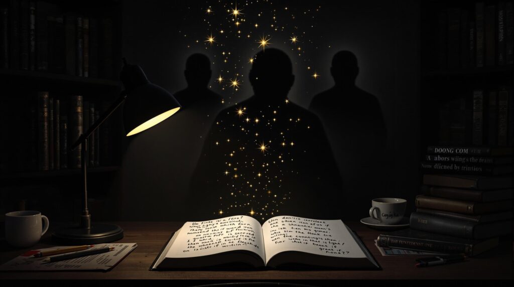 A writer's desk illuminated by a single lamp, with magical sparks rising from an open notebook filled with handwritten notes, surrounded by shadowy figures emerging from bookshelves, representing the process of finding story ideas in the darkness of imagination.