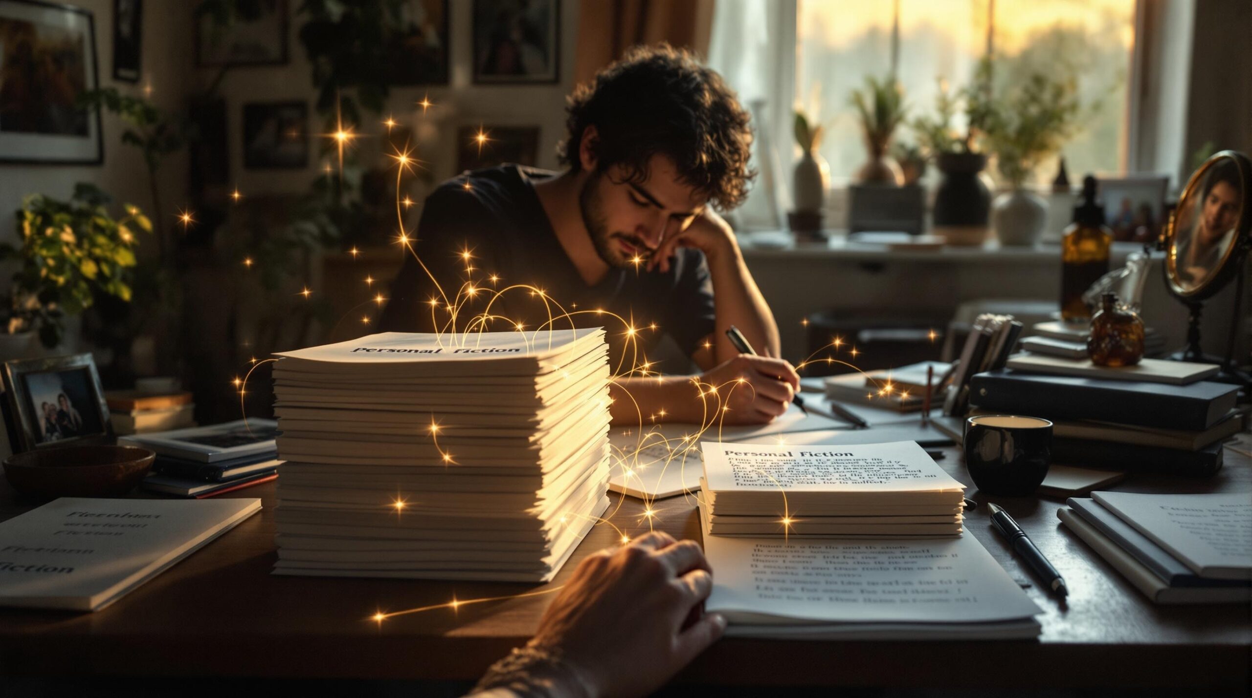 Writer at desk transforms personal experience in writing, connecting personal mementos to fiction manuscript with glowing threads, reflection showing creative transformation process.