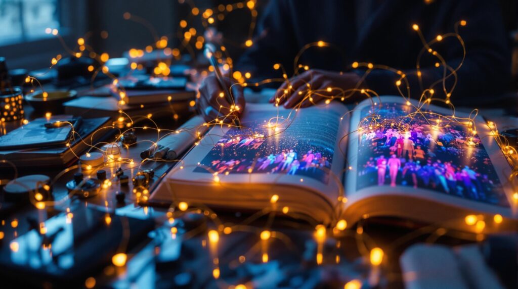Writer surrounded by glowing threads connecting personal mementos to their manuscript, symbolizing how personal experience in writing transforms real life into fiction.