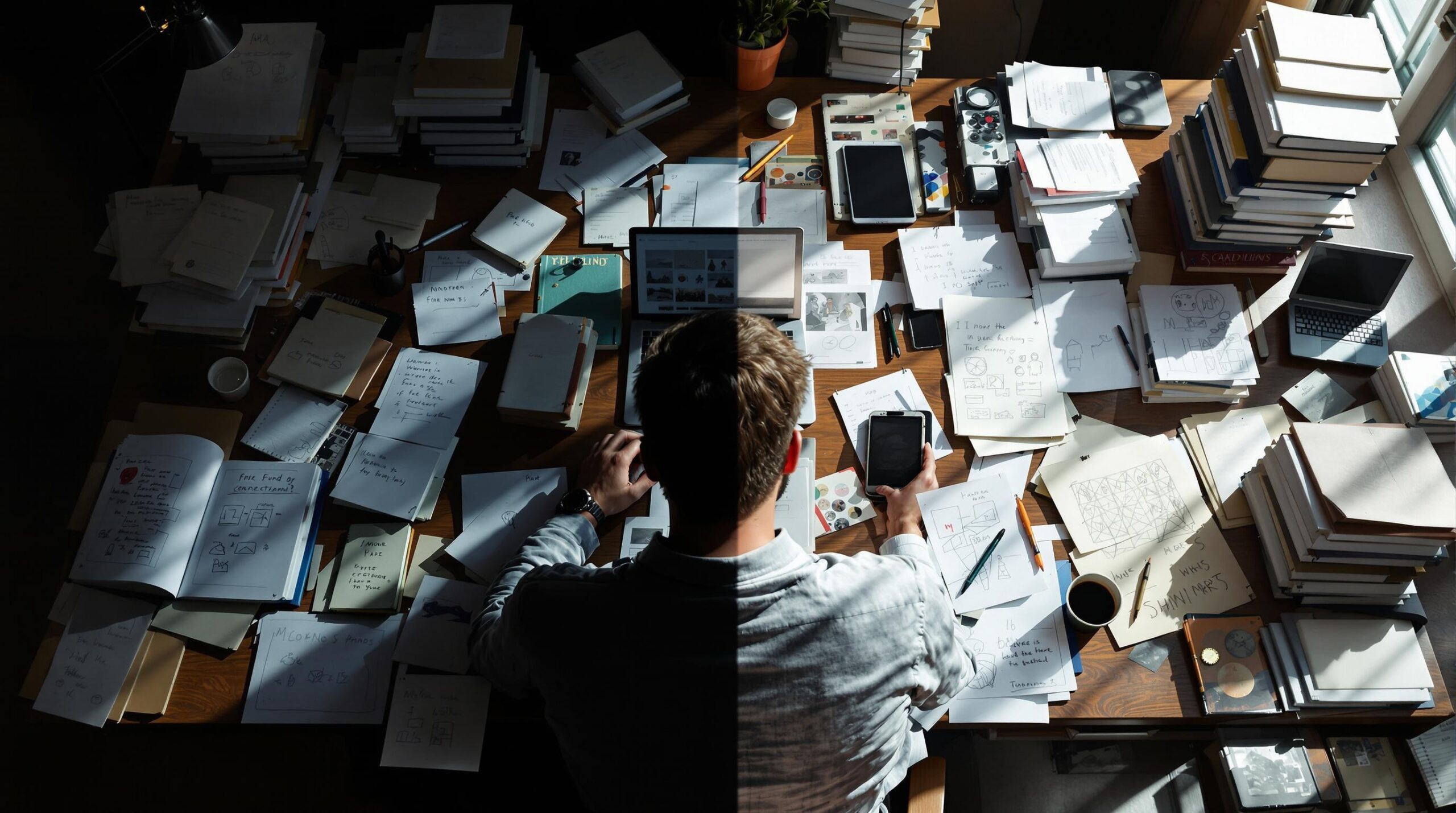 Author at wooden desk demonstrating the author writing process, surrounded by organized chaos of drafts, research materials, and writing tools that transform from scattered notes to polished manuscript.