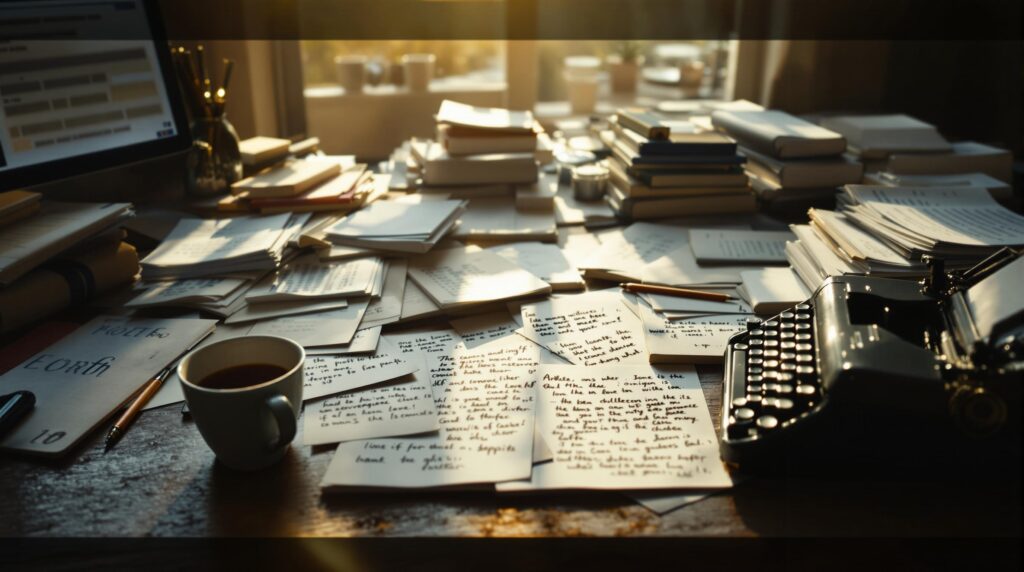 A writer's desk showcasing the author writing process with handwritten notes and manuscripts transitioning from scattered to organized, alongside a vintage typewriter, modern laptop, and coffee cup bathed in warm afternoon light.