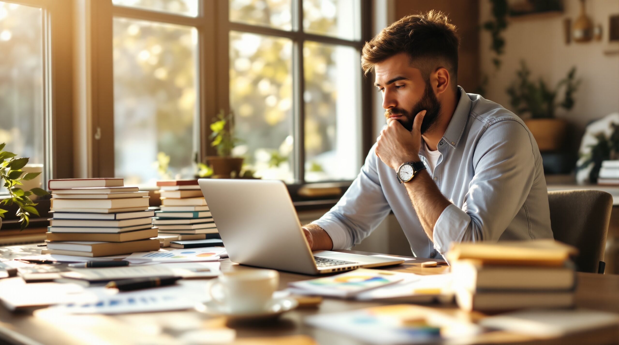 Thoughtful author at wooden desk with laptop, books, and marketing materials in warm natural light