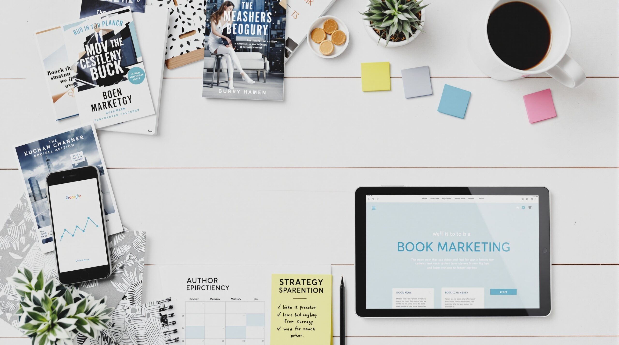 Flat lay of book marketing tools including smartphone, book covers, planner, and tablet on white surface