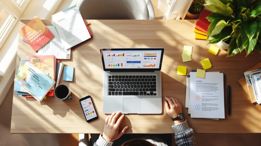 Overhead view of indie author's desk with laptop showing analytics, books, smartphone, and marketing strategy documents