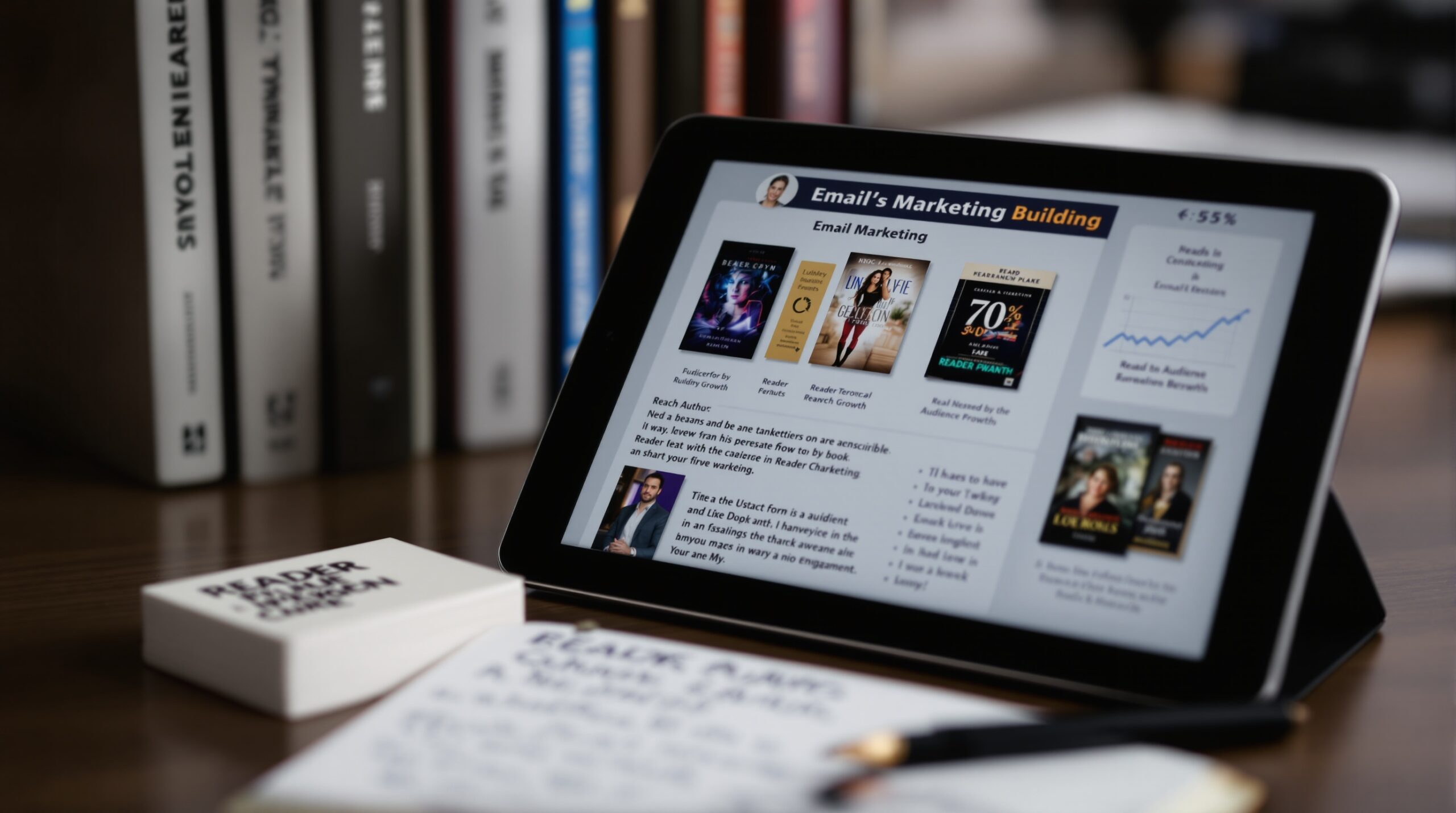 Laptop showing email newsletter template with book covers and growth graphs, surrounded by testimonials and marketing notes