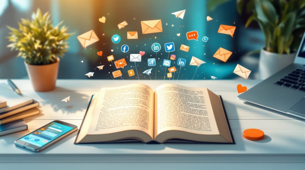 Open book surrounded by floating digital marketing elements including smartphone, laptop, and social media icons on desk
